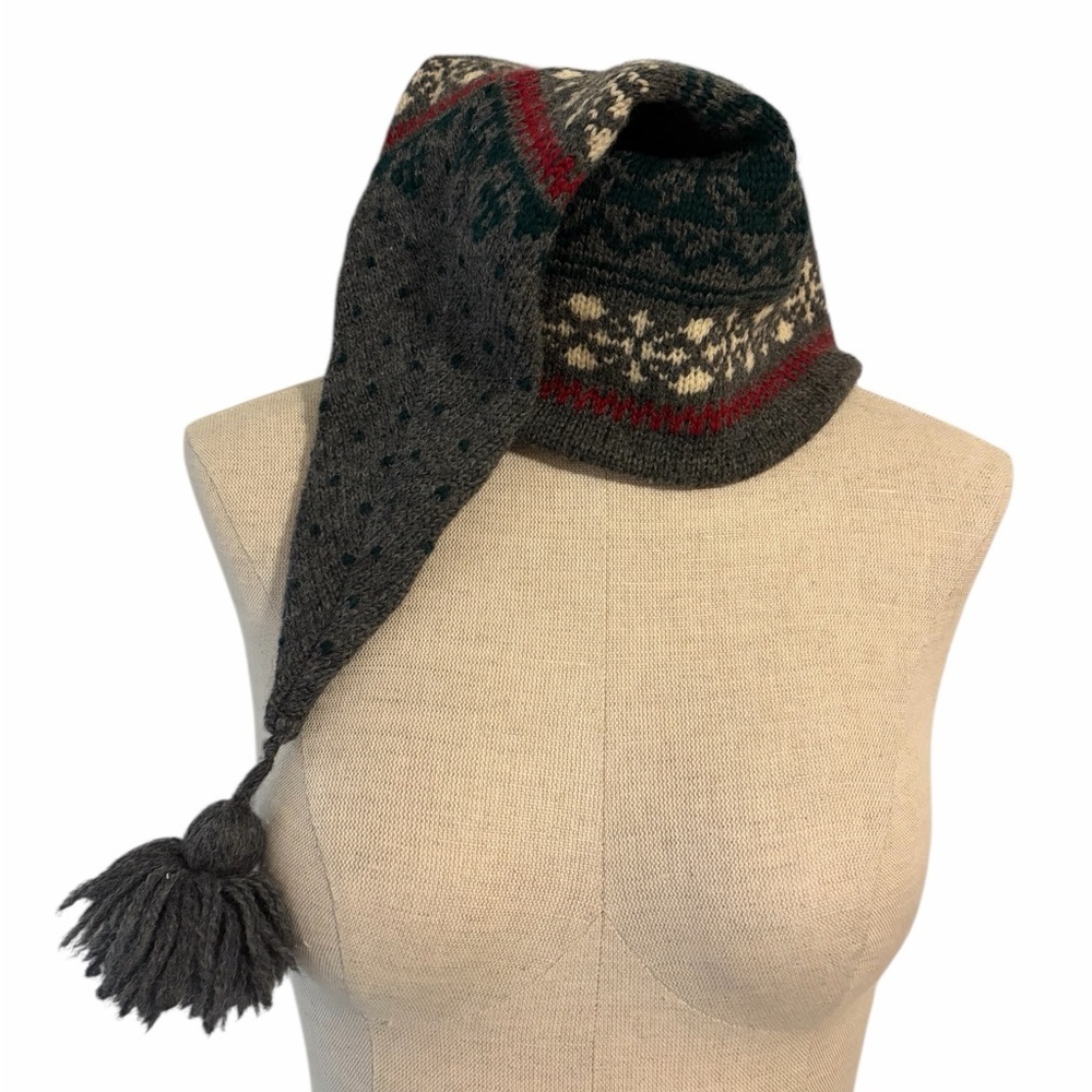 Eddie Bauer Fair Isle 100% Wool Gray Knit Hat w Tassel Ski‎ Snow Winter Vintage